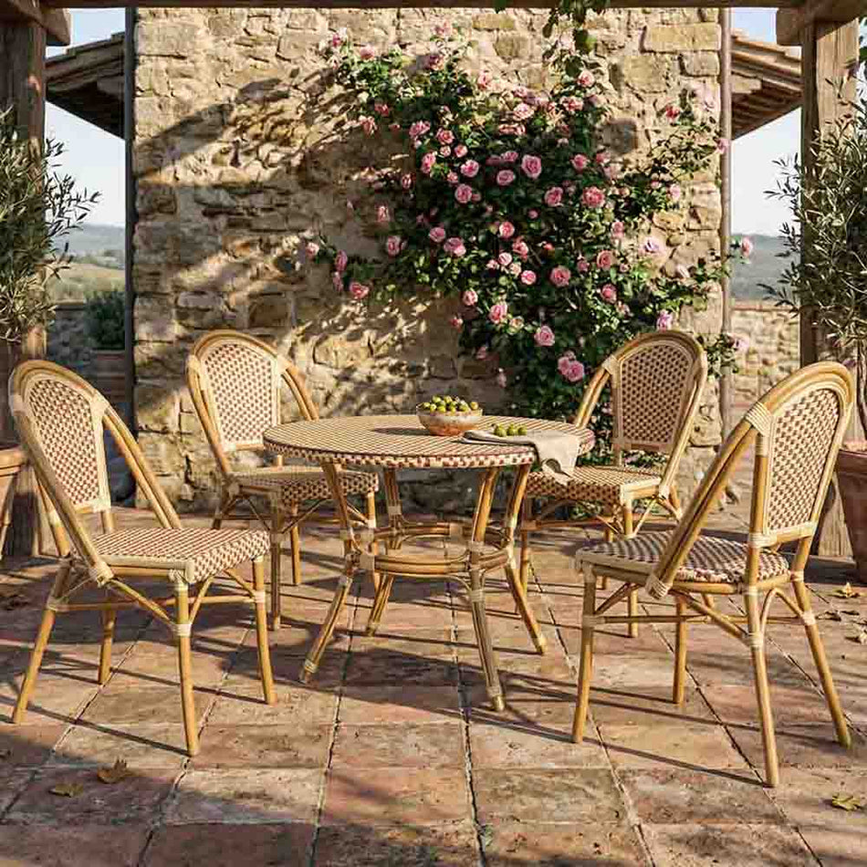 French Bistro 40" Table with Glass Top and 4 Chairs Set, Beige and Maroon