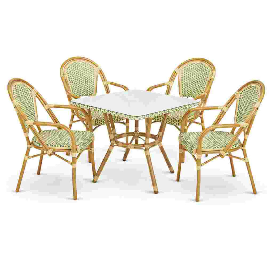 French Bistro 48x36" Table with Glass Top and 4 Chairs with Arms Set, Beige and Green