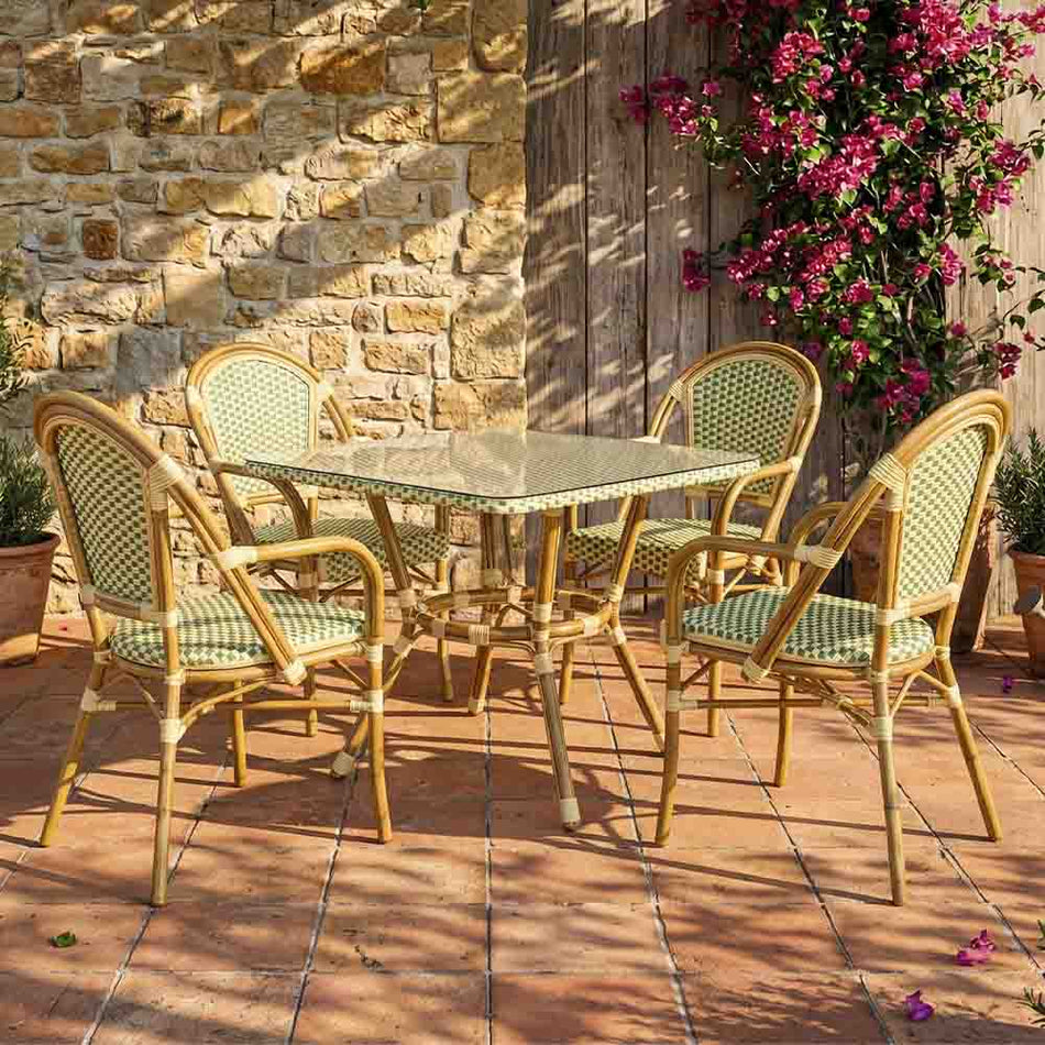 French Bistro 48x36" Table with Glass Top and 4 Chairs with Arms Set, Beige and Green