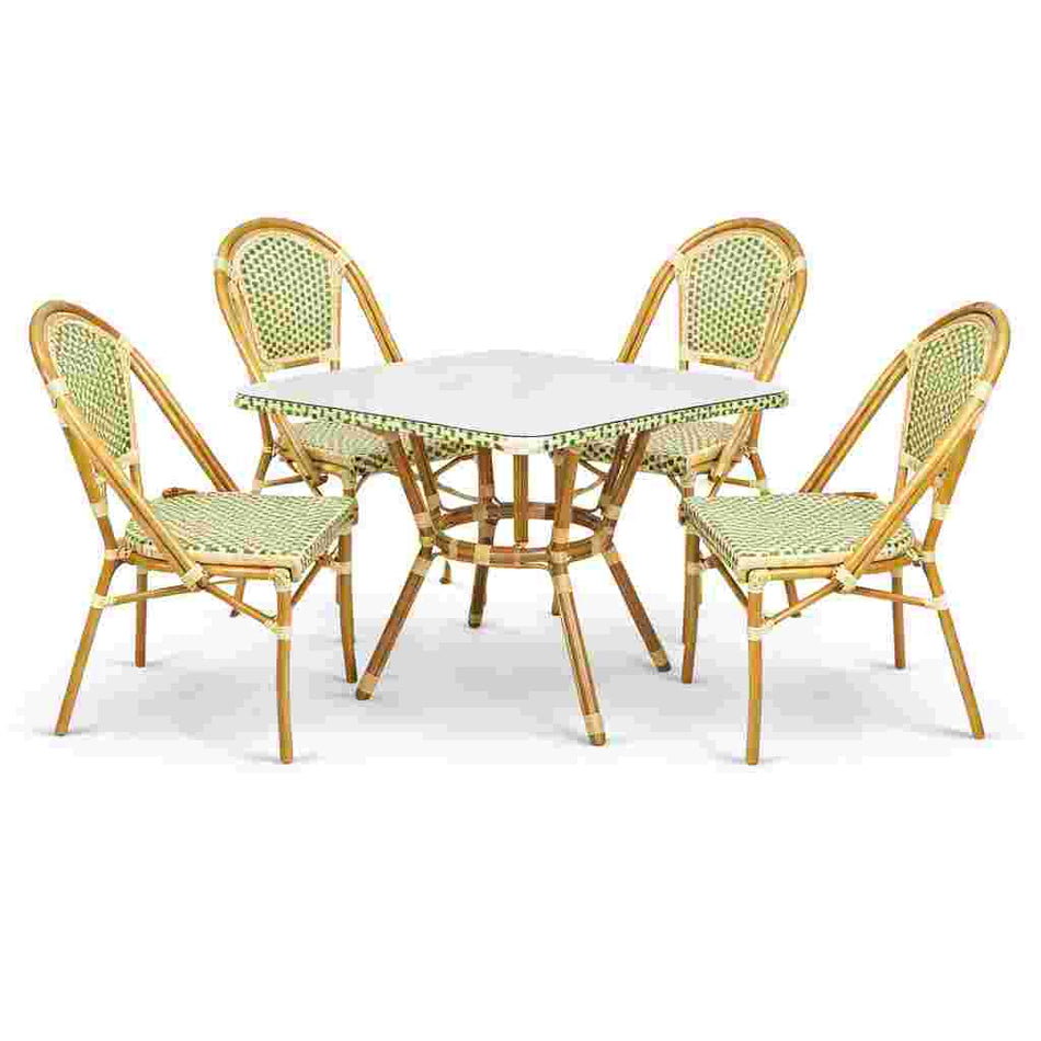 French Bistro 48x36" Table with Glass Top and 4 Chairs Set, Beige and Green