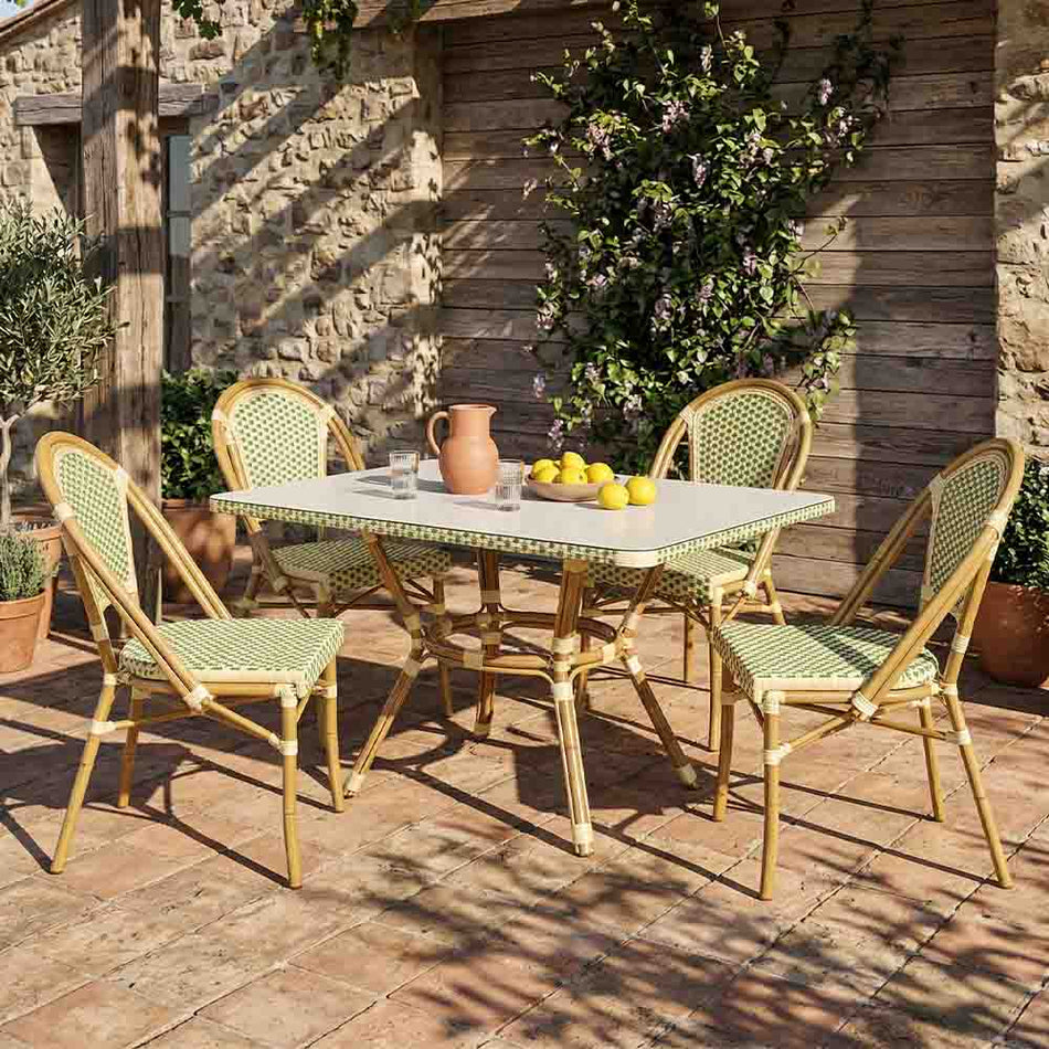 French Bistro 48x36" Table with Glass Top and 4 Chairs Set, Beige and Green