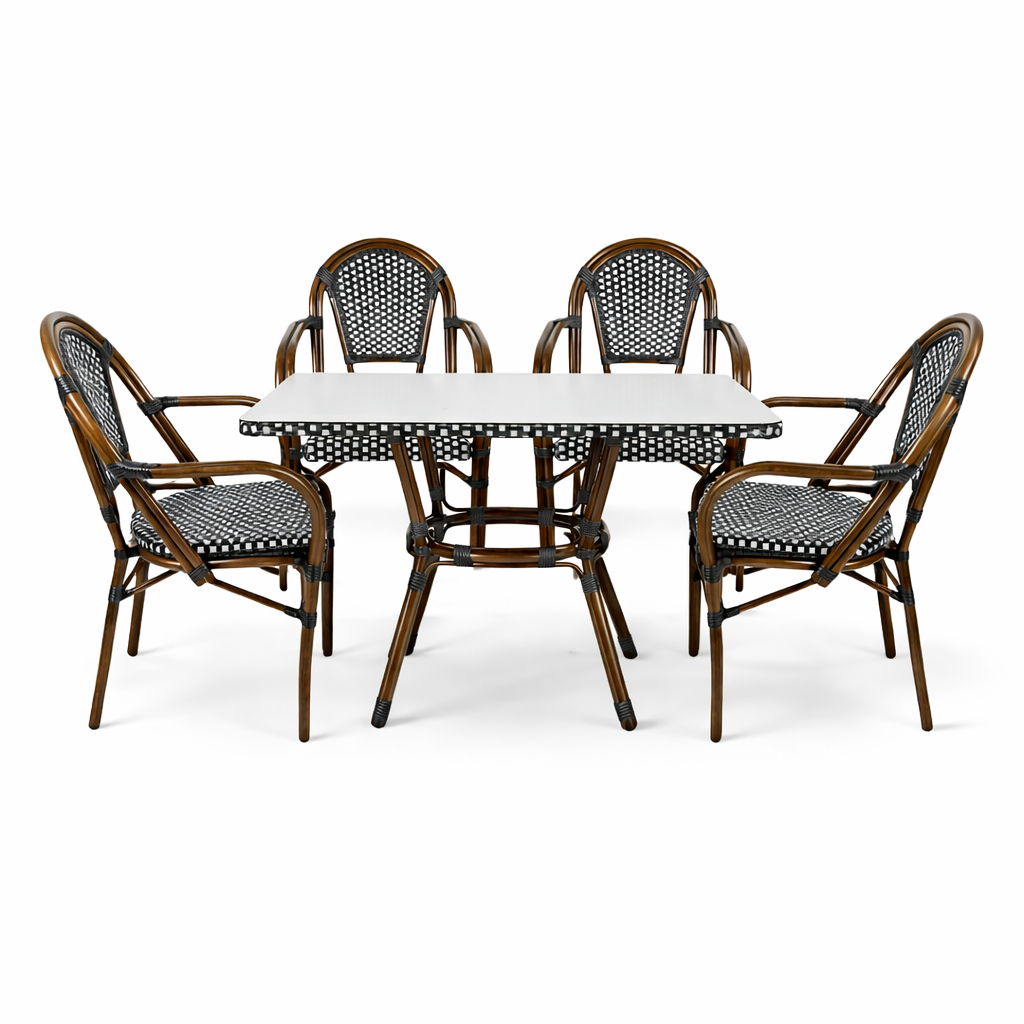 French Bistro 48x36" Table with Glass Top and 4 Chairs with Arms Set, Black and White, Image 2