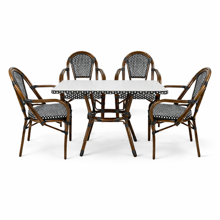 French Bistro 48x36" Table with Glass Top and 4 Chairs with Arms Set, Black and White, Image 2