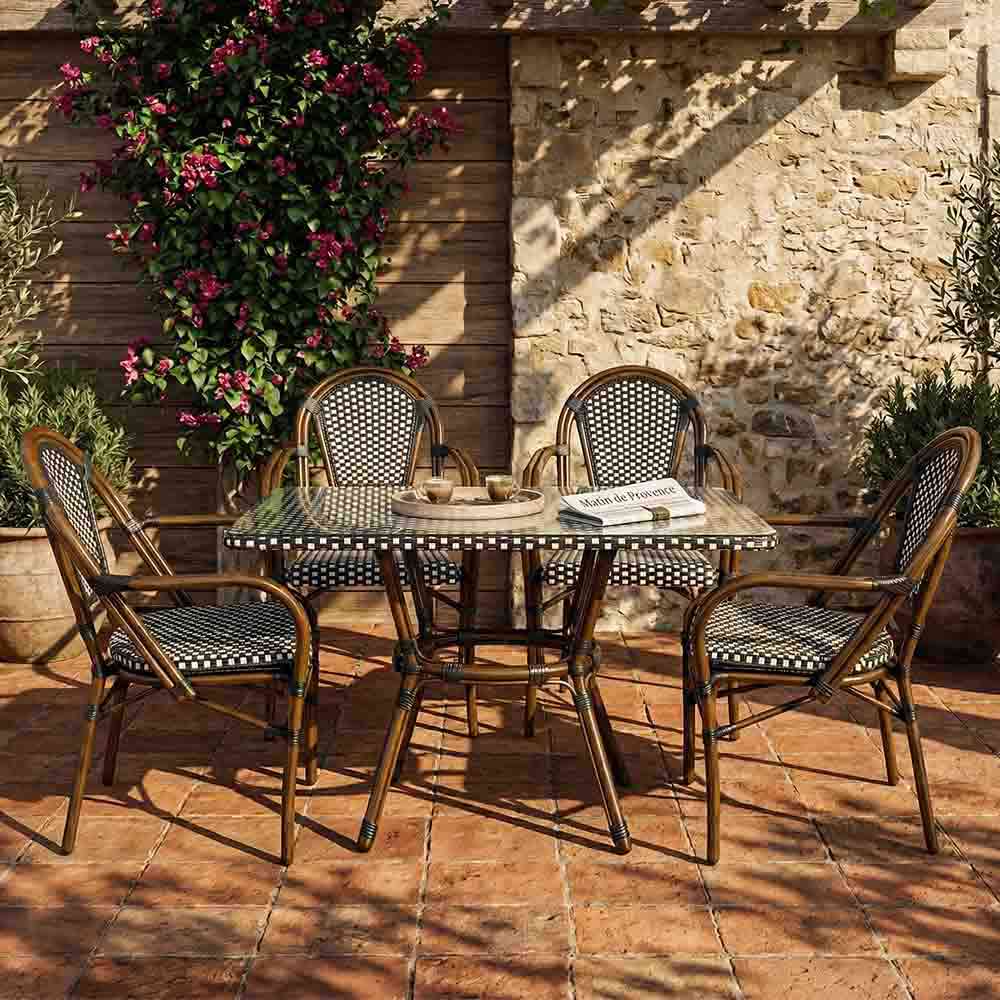 French Bistro 48x36" Table with Glass Top and 4 Chairs with Arms Set, Black and White, Image 1