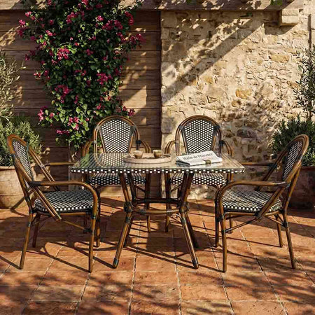 French Bistro 48x36" Table with Glass Top and 4 Chairs with Arms Set, Black and White, Image 1