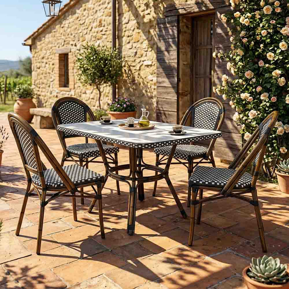 French Bistro 48x36" Table with Glass Top and 4 Chairs Set, Black and White