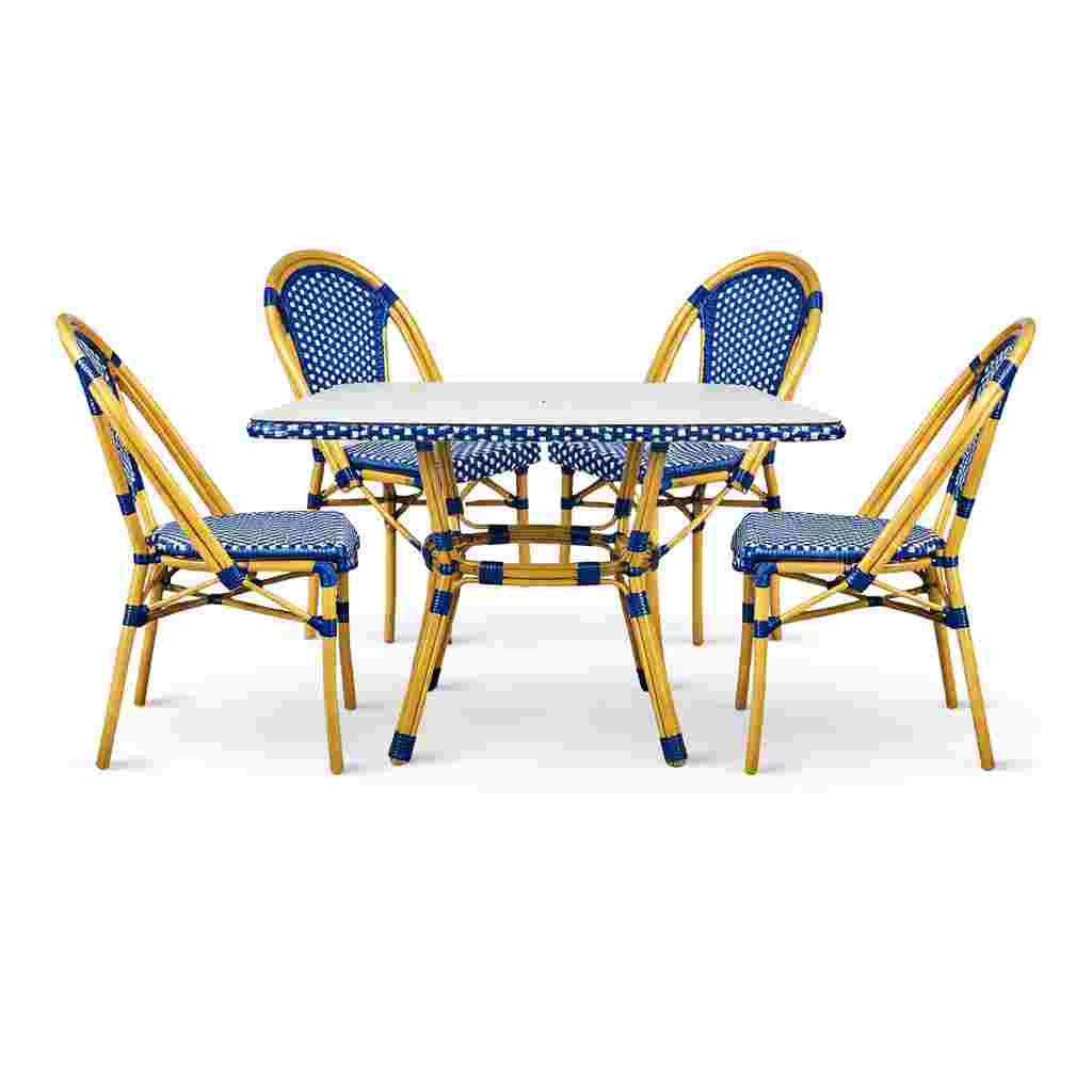 French Bistro 48x36" Table with Glass Top and 4 Chairs Set, Blue and White, Image 2