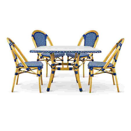 French Bistro 48x36" Table with Glass Top and 4 Chairs Set, Blue and White, Image 2