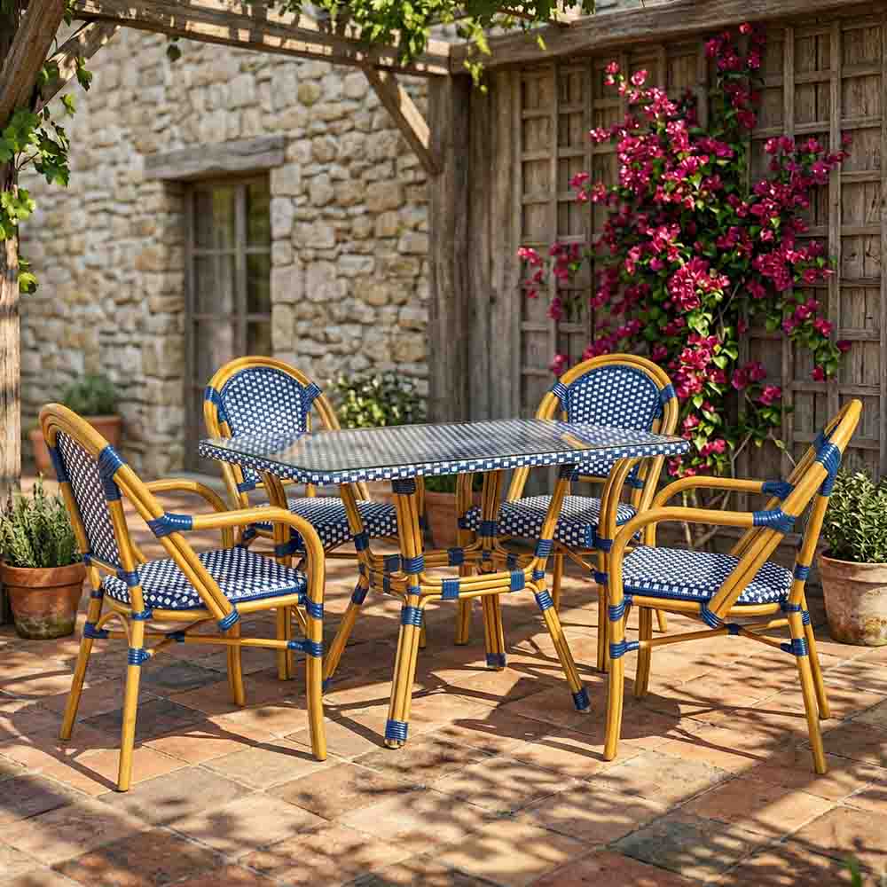 French Bistro 48x36" Table with Glass Top and 4 Chairs with Arms Set, Blue and White, Image 1