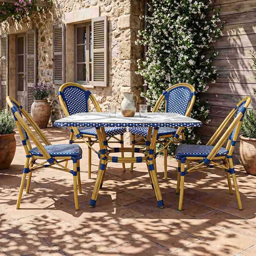 French Bistro 48x36" Table with Glass Top and 4 Chairs Set, Blue and White, Image 1
