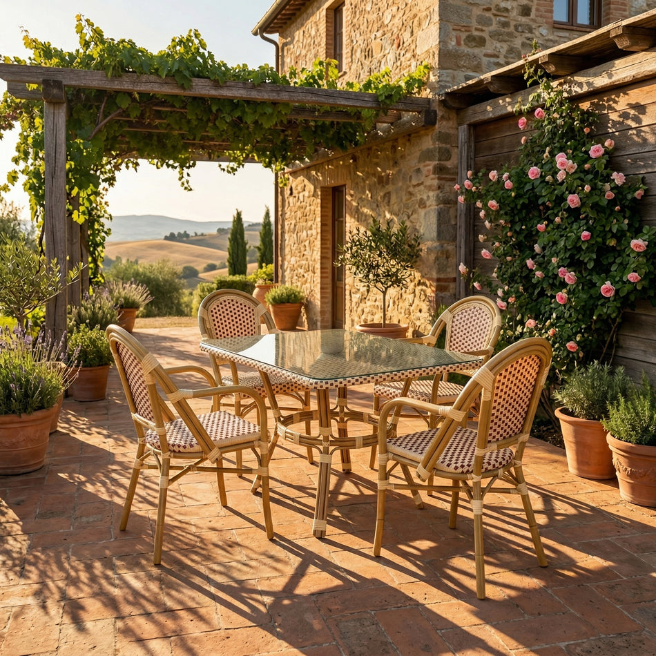 French Bistro 48x36" Table with Glass Top and 4 Chairs with Arms Set, Beige and Maroon