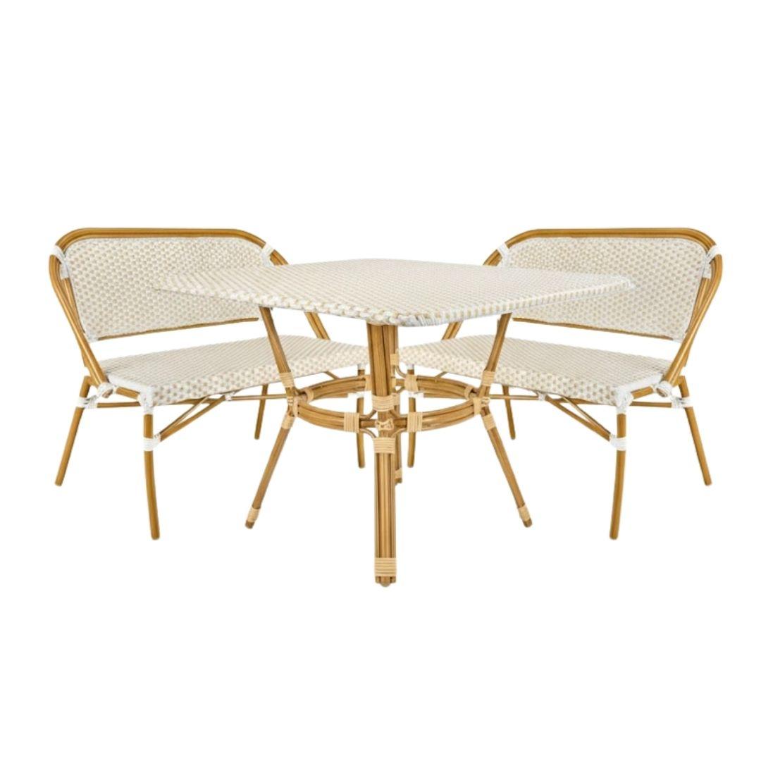 French Bistro 48x36" Table with Glass Top and 2 Benches Set, White and Beige, Image 2