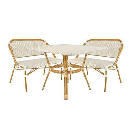 French Bistro 48x36" Table with Glass Top and 2 Benches Set, White and Beige, Image 2