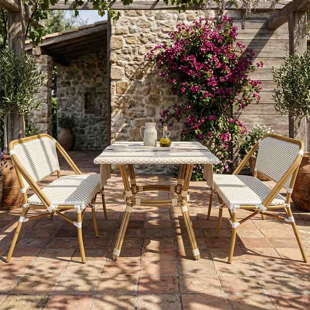 French Bistro 48x36" Table with Glass Top and 2 Benches Set, White and Beige, Image 1