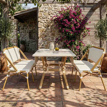 French Bistro 48x36" Table with Glass Top and 2 Benches Set, White and Beige, Image 1