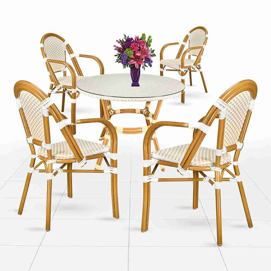 French Bistro 40" Table with Glass Top and 4 Chairs with Arms Set, White and Beige