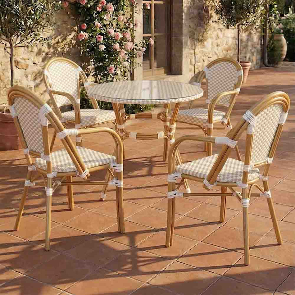 French Bistro 40" Table with Glass Top and 4 Chairs with Arms Set, White and Beige