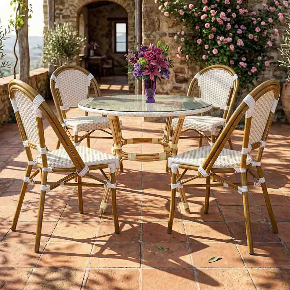 French Bistro 40" Table with Glass Top and 4 Chairs Set, White and Beige