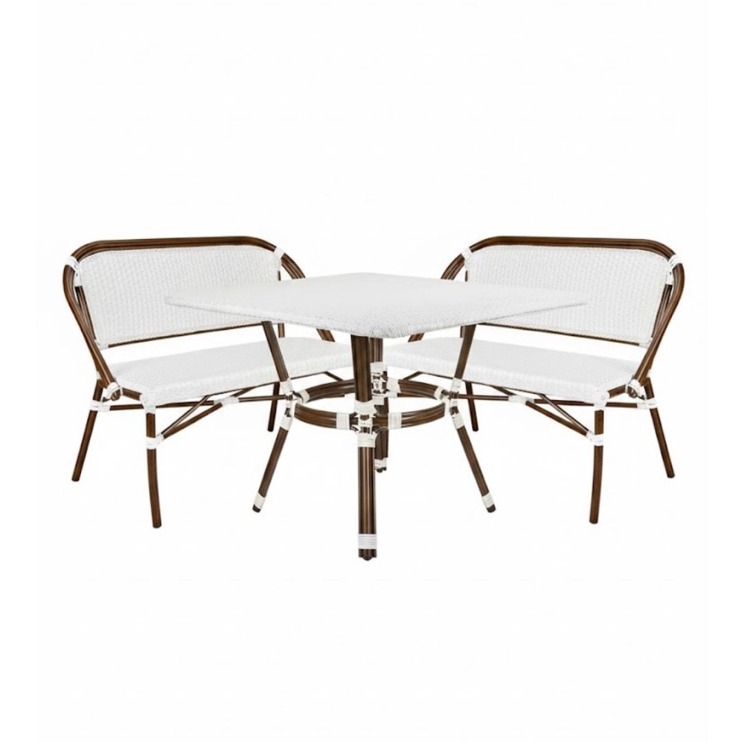French Bistro 48x36" Table with Glass Top and 2 Benches Set, White, Image 2