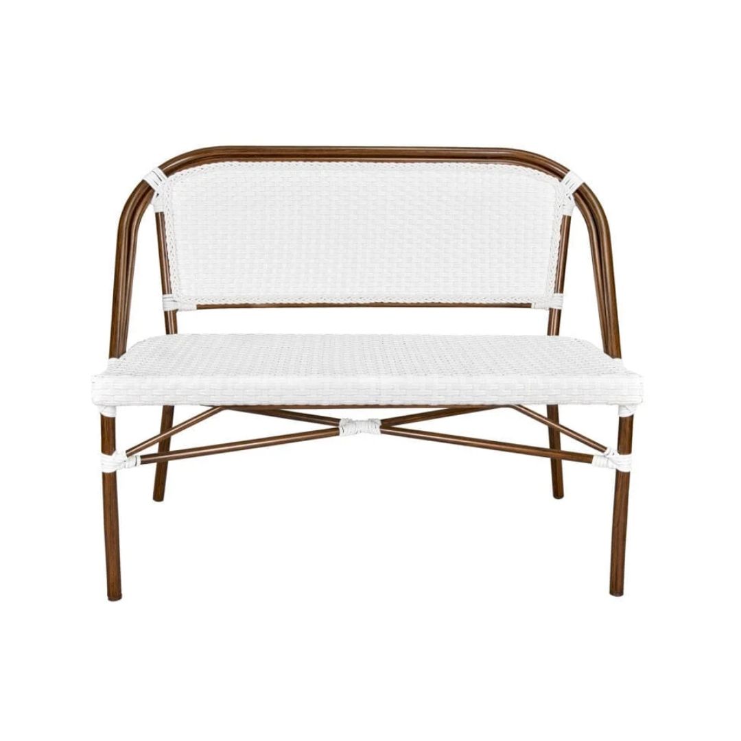 French Bistro 48x36" Table with Glass Top and 2 Benches Set, White, Image 4
