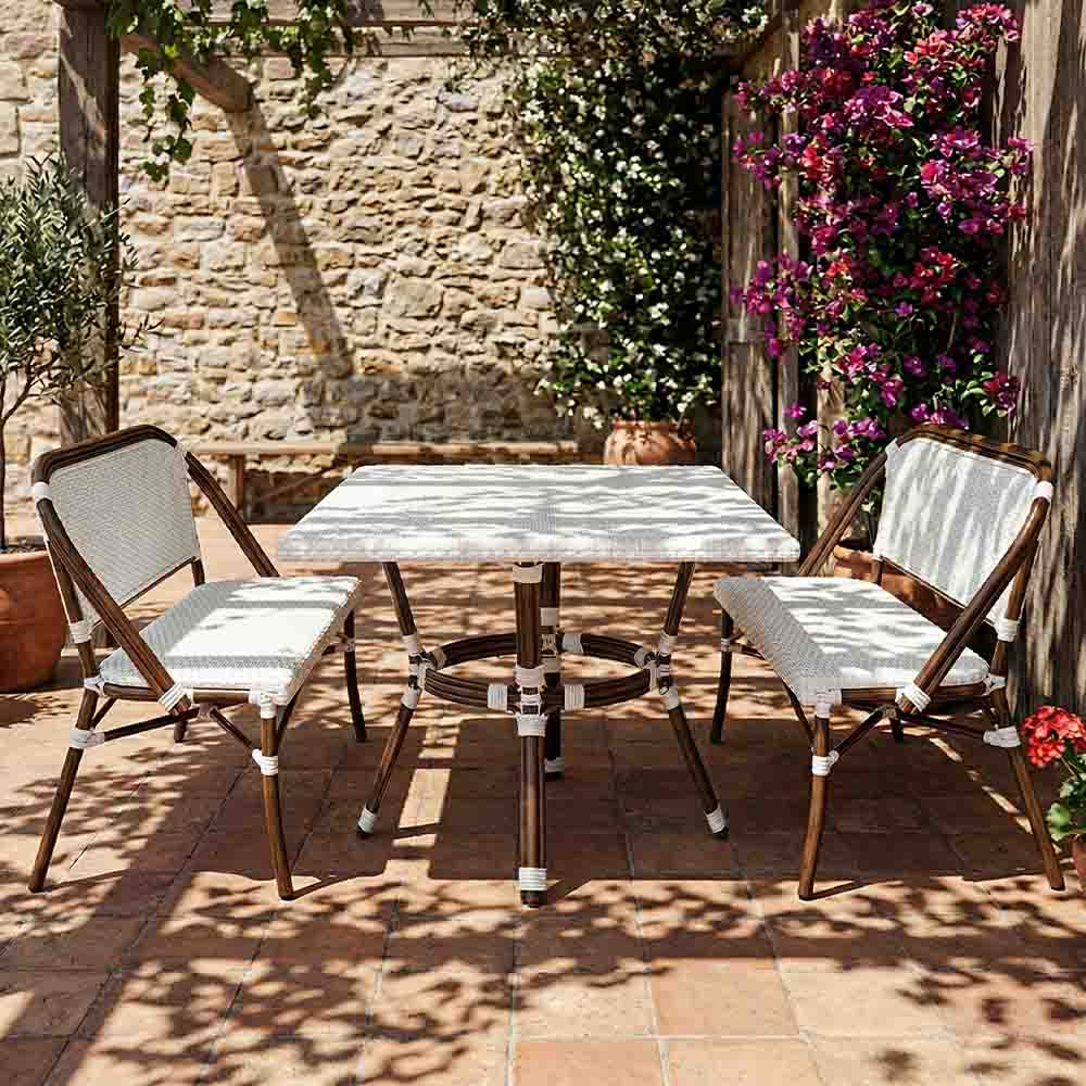 French Bistro 48x36" Table with Glass Top and 2 Benches Set, White, Image 1