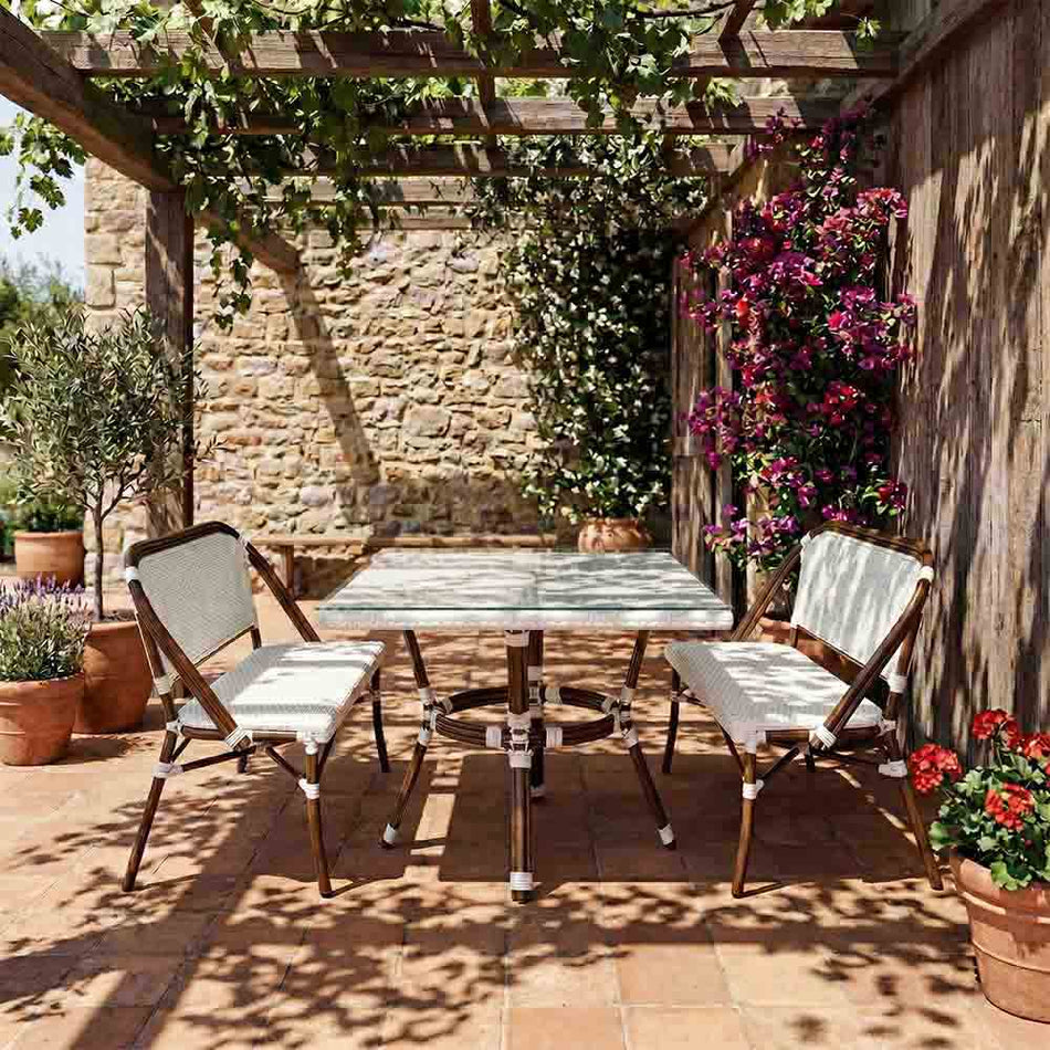 French Bistro 48x36" Table with Glass Top and 2 Benches Set, White, Image 1