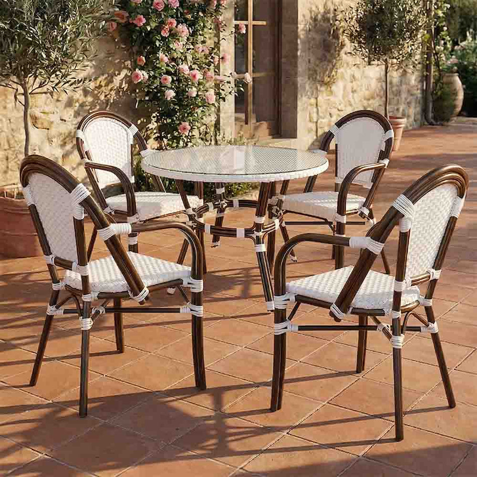 French Bistro 40" Table with Glass Top and 4 Chairs with Arms Set, White