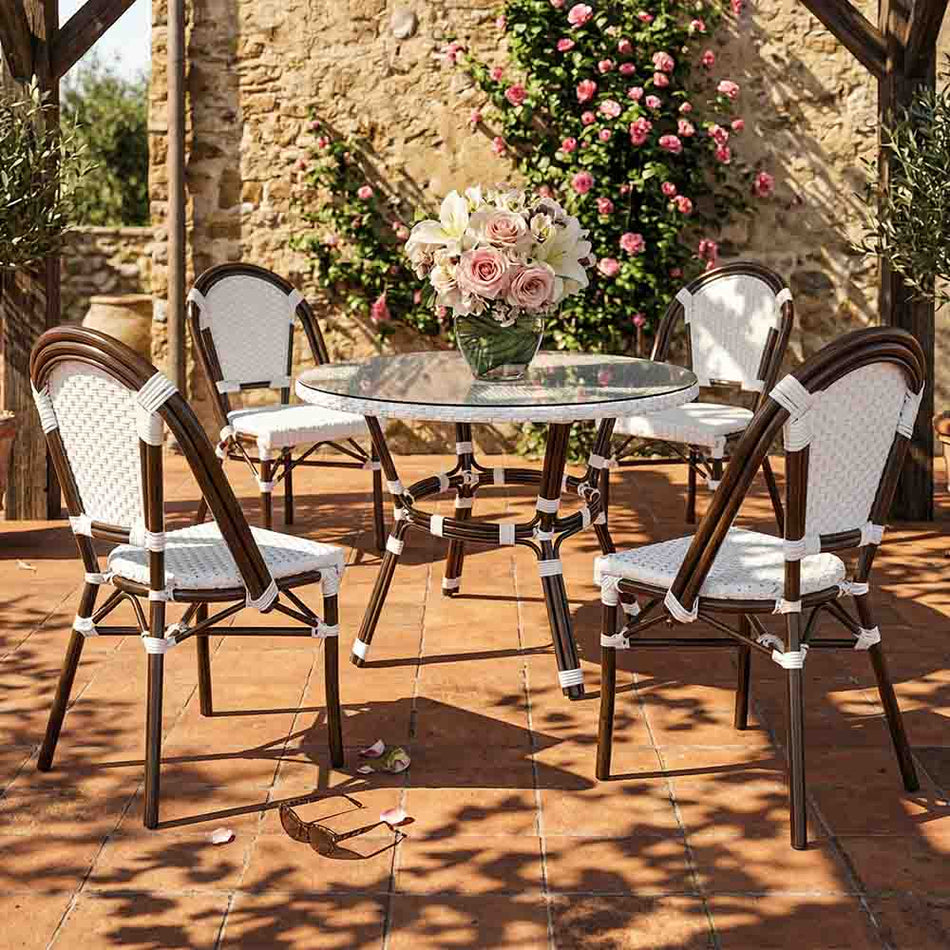 French Bistro 40" Table with Glass Top and 4 Chairs Set, White