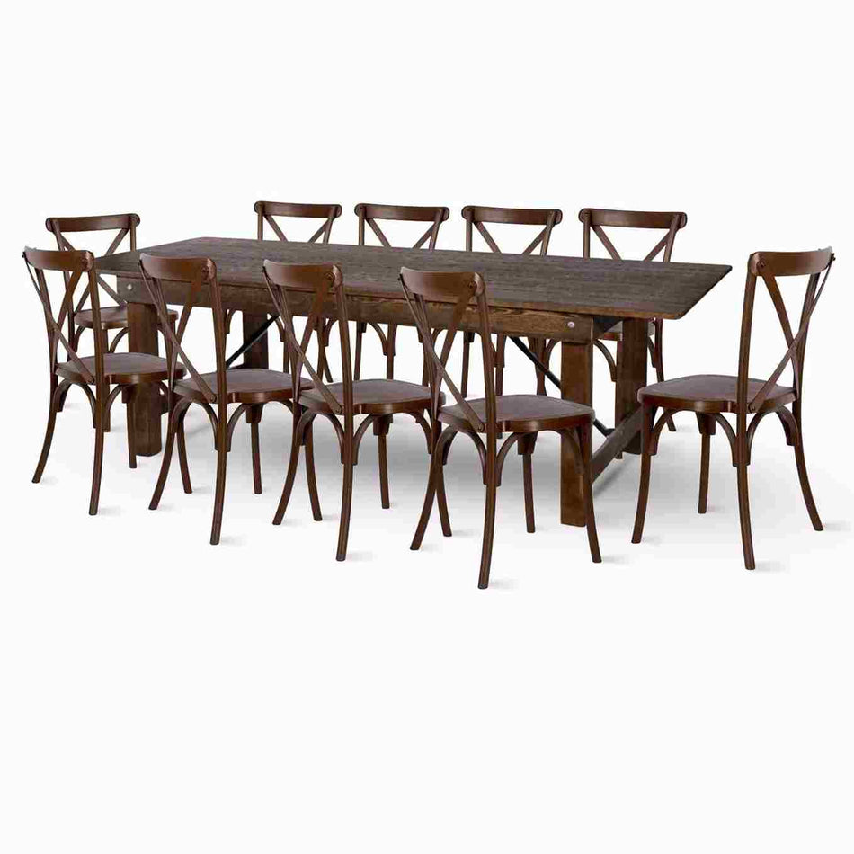 Farmhouse Dining Table Set 96x40" with 10 Cross Back Steel Skeleton Chairs for Kitchen Patio Dining Room, Fluted Legs, Fruitwood