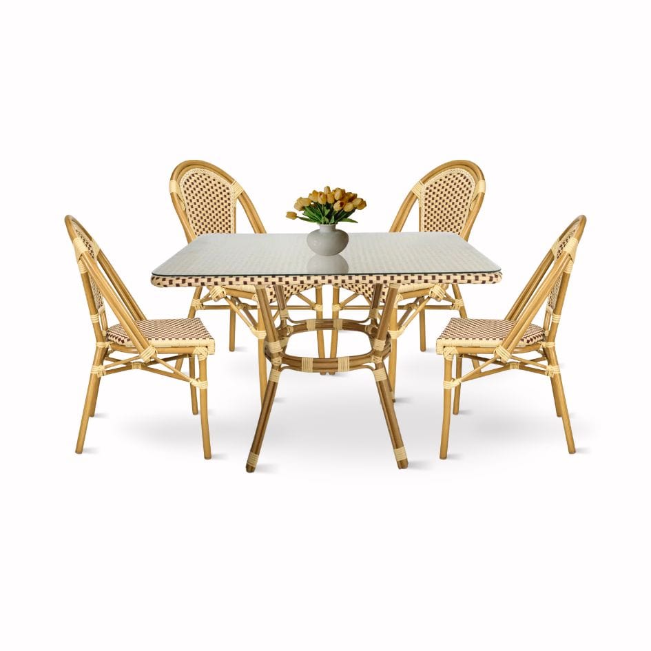 French Bistro 48x36" Table with Glass Top and 4 Chairs Set, Beige and Maroon
