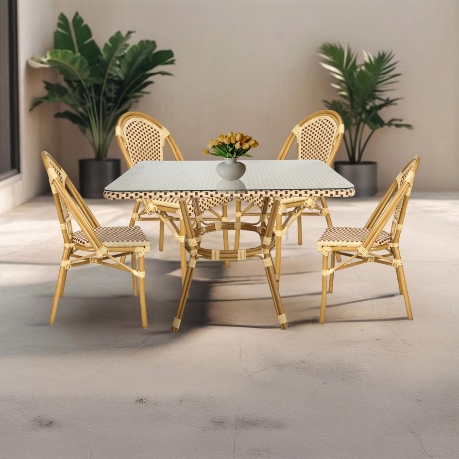 French Bistro 48x36" Table with Glass Top and 4 Chairs Set, Beige and Maroon