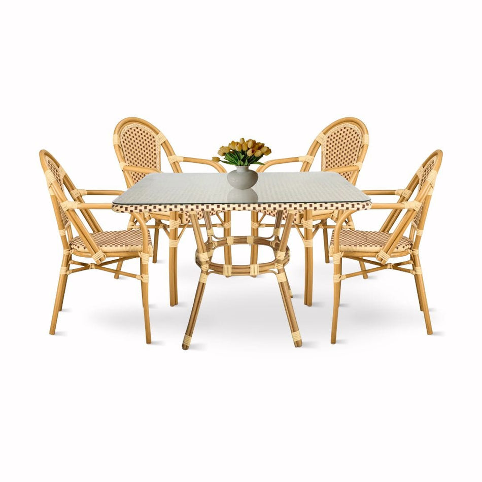 French Bistro 48x36" Table with Glass Top and 4 Chairs with Arms Set, Beige and Maroon