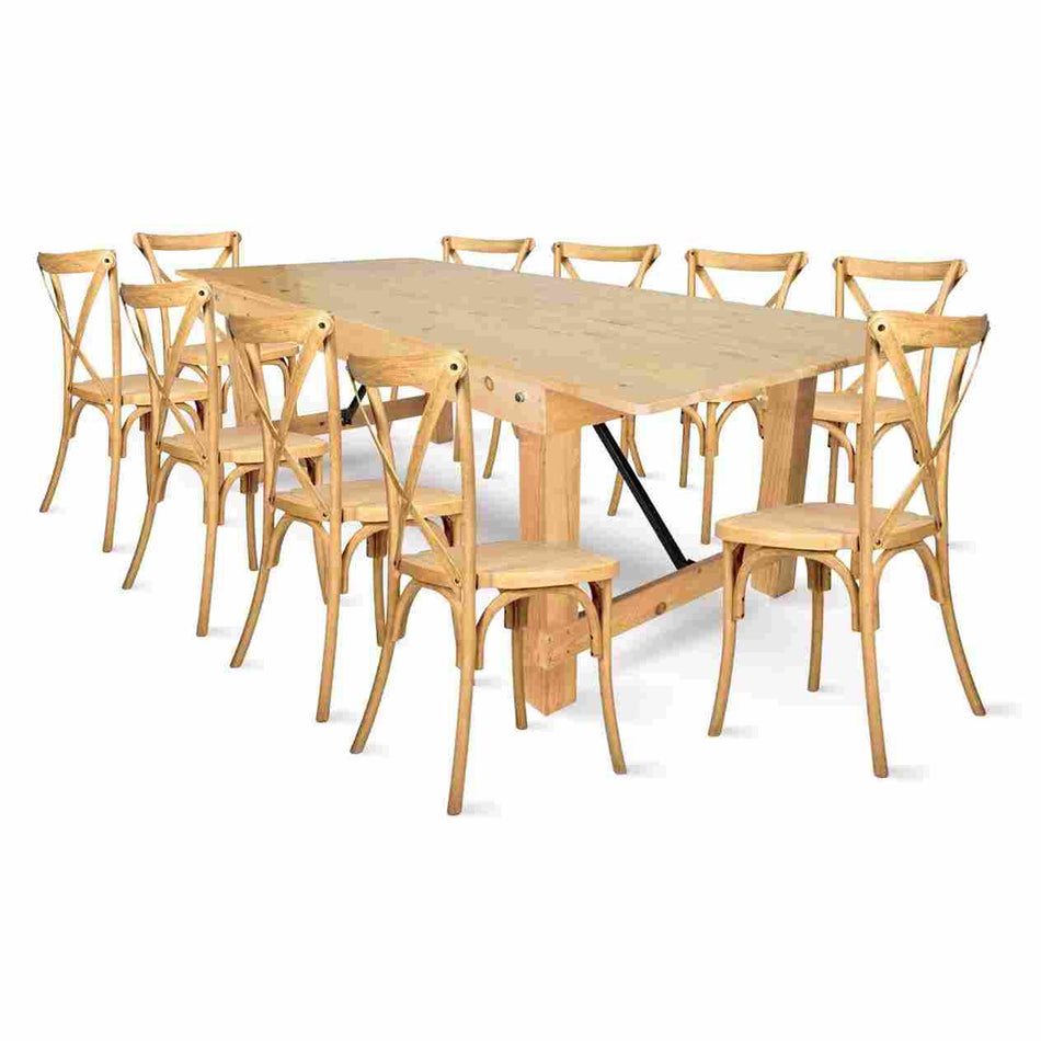 Farmhouse Dining Table Set 96x40" with 10 Cross Back Steel Skeleton Chairs for Kitchen Patio Dining Room, Fluted Legs, Natural