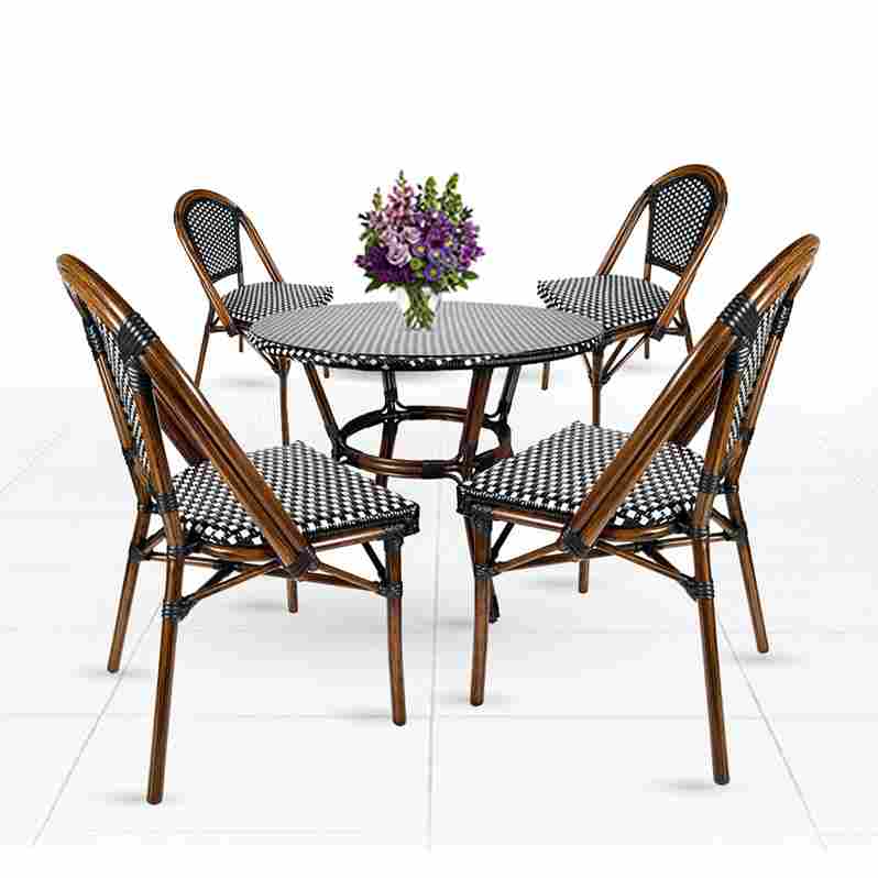 French Bistro 40" Table with Glass Top and 4 Chairs Set, Black and White