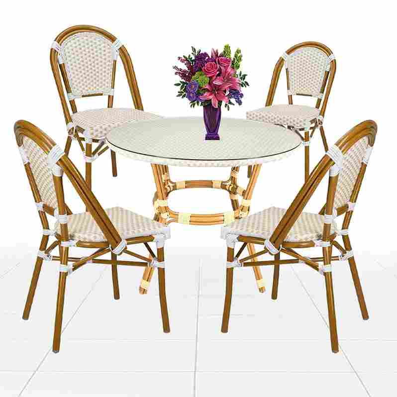 French Bistro 40" Table with Glass Top and 4 Chairs Set, White and Beige