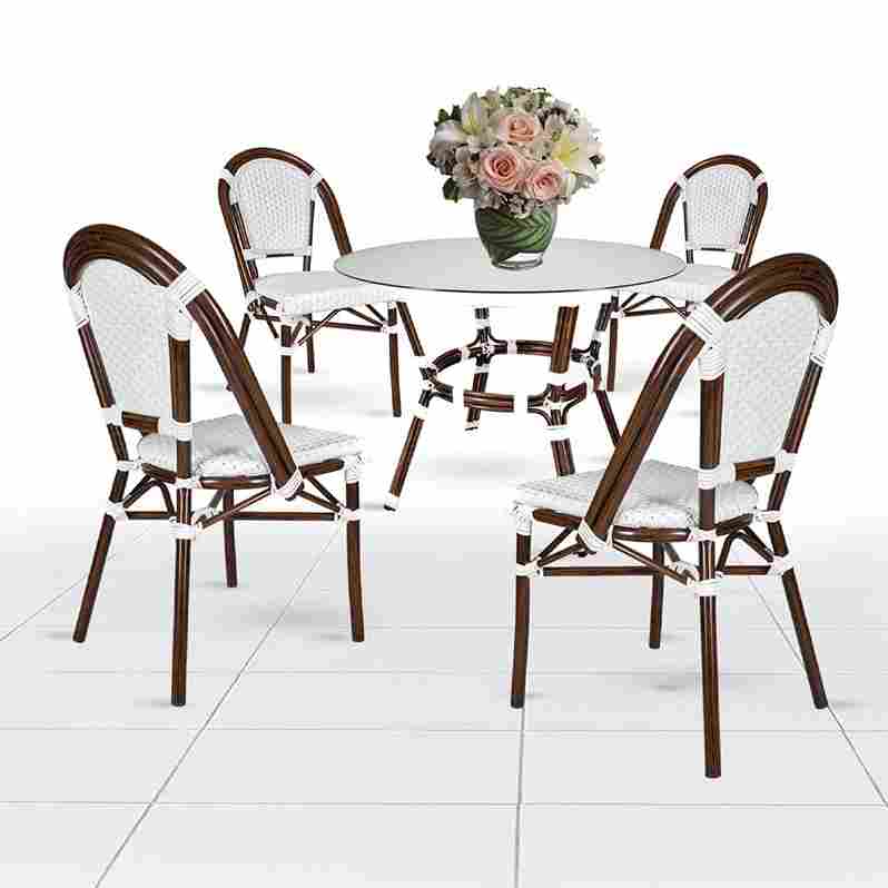 French Bistro 40" Table with Glass Top and 4 Chairs Set, White
