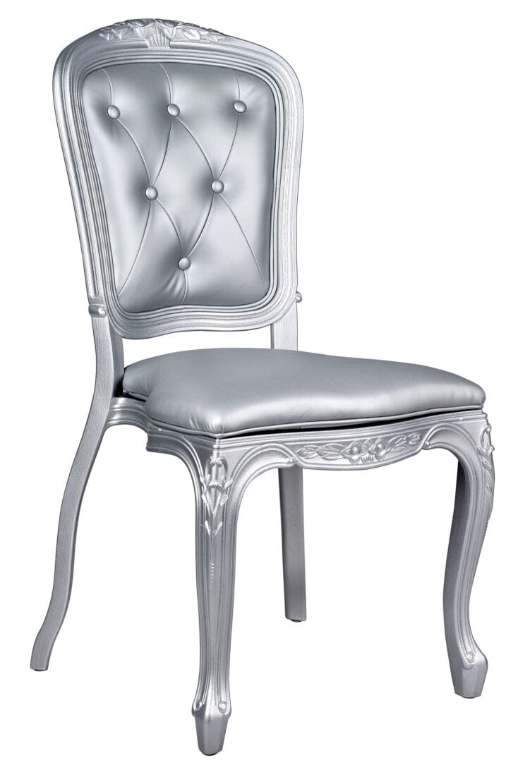 4 Pack Silver Resin Royal Chair with Tufted Vinyl Seat for Indoor Events and Outdoor Dining