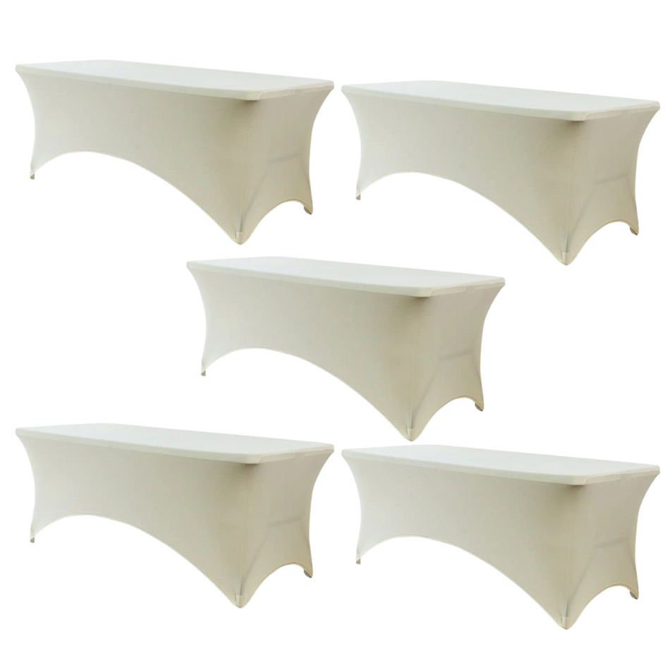 Ivory 5-Pack 8 Foot Spandex Folding Table Covers for Home Kitchen Patio Entertaining Gatherings, 250gsm