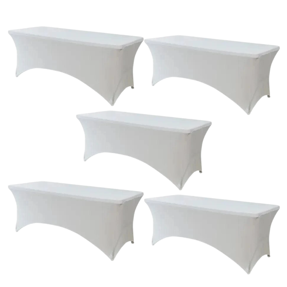 White 5-Pack 8 Foot Spandex Folding Table Covers for Home Kitchen Patio Entertaining Indoor Outdoor, 250gsm
