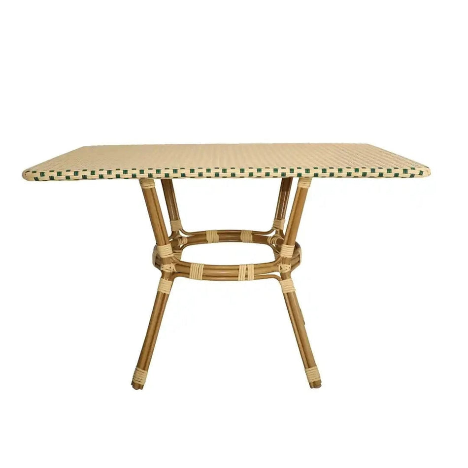 Outdoor Bistro Table 48x36 Glass Top – Beige/Green PE Rattan (Patio Dining)