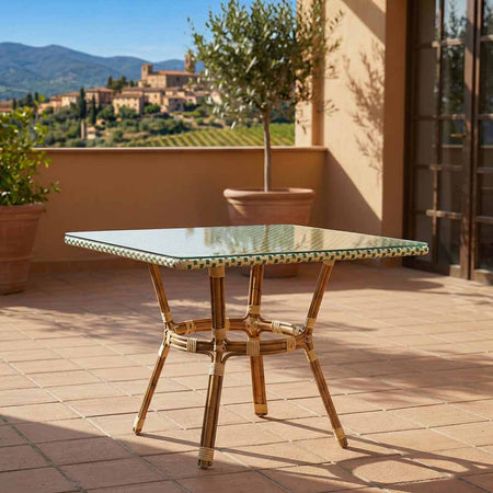 Outdoor Bistro Table 48x36 Glass Top – Beige/Green PE Rattan (Patio Dining), Image 1