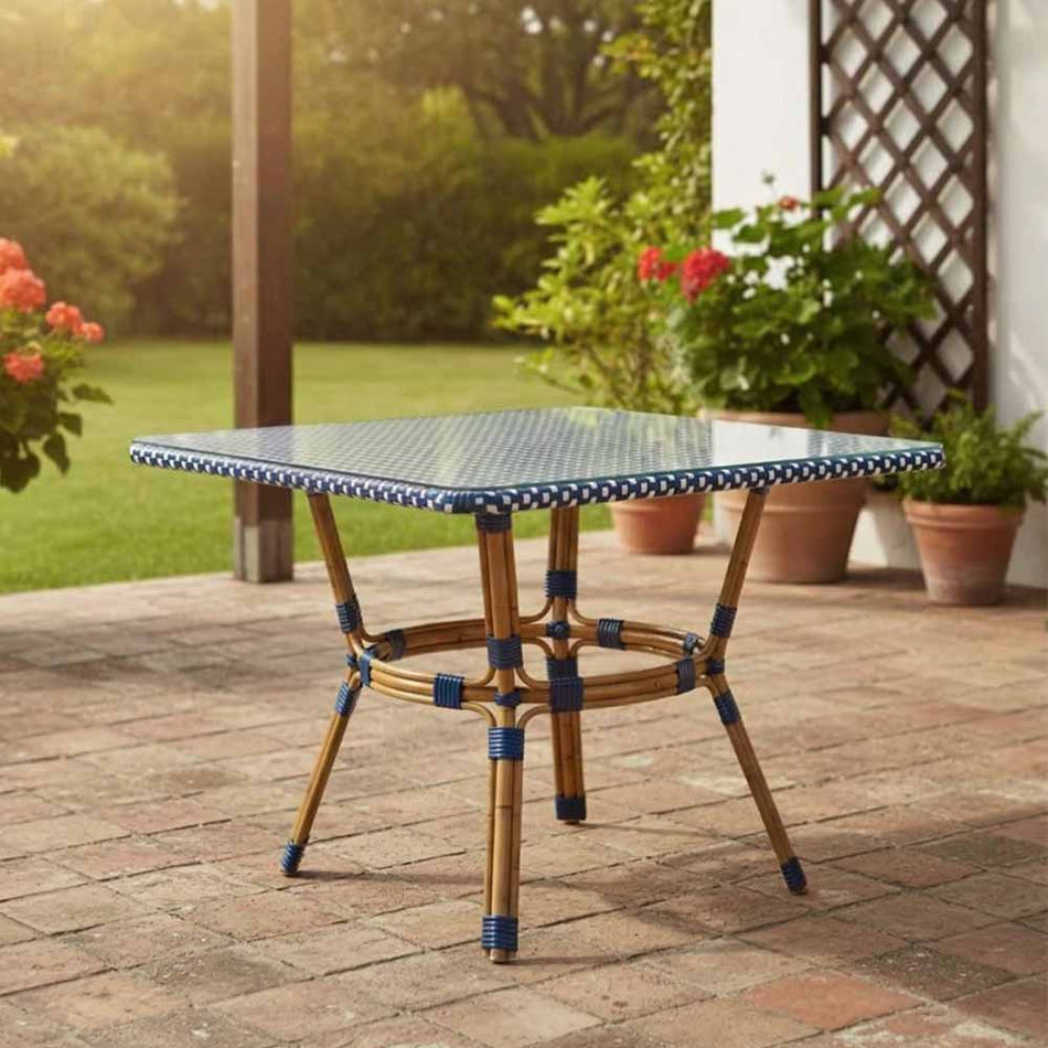 Outdoor Bistro Table 48x36 - Blue & White PE Rattan Glass Top, Patio