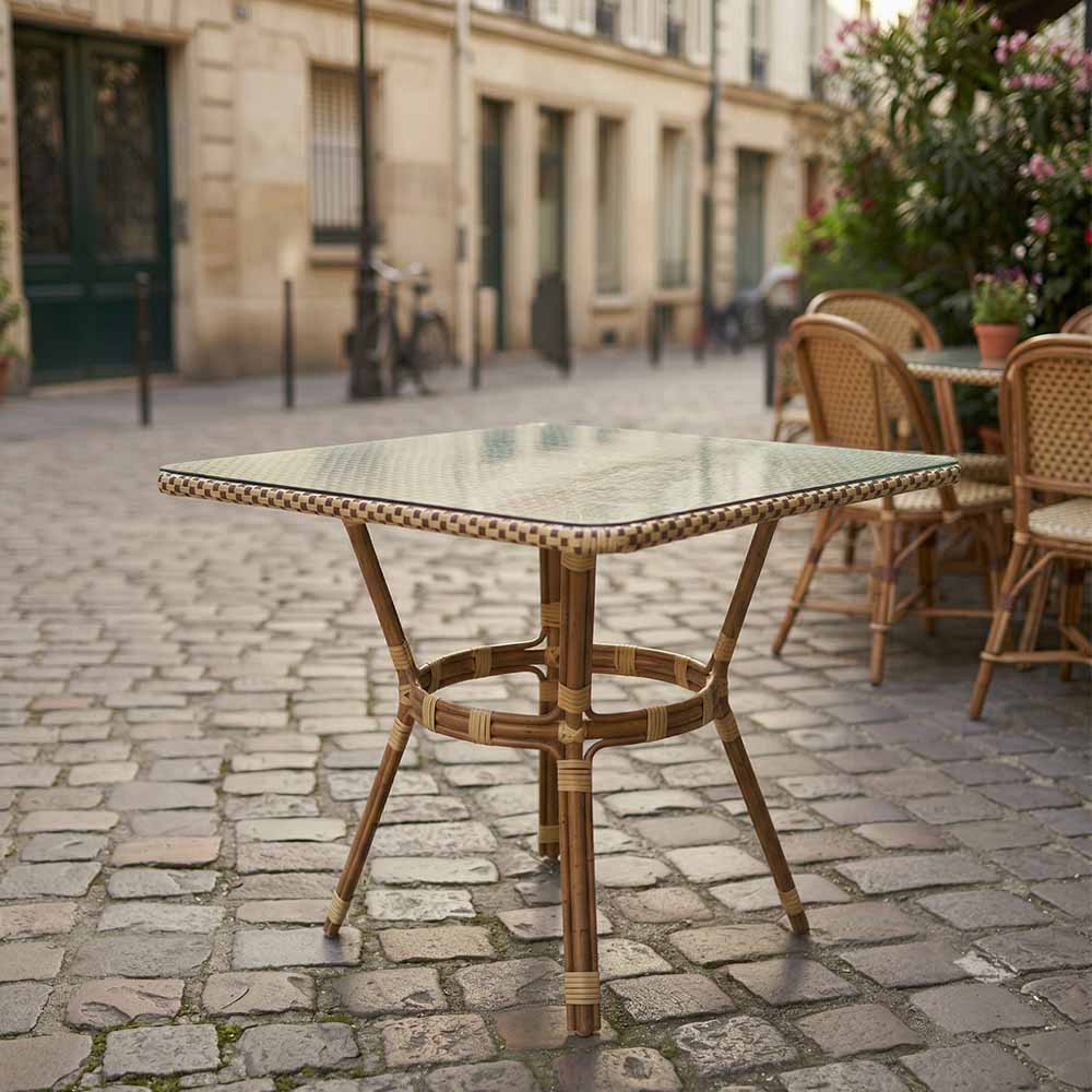 Outdoor Bistro Table 48" x 36" PE Rattan Glass Top – Beige & Maroon, Patio, Image 1