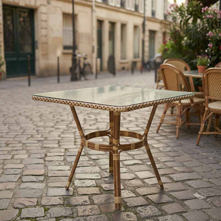 Outdoor Bistro Table 48" x 36" PE Rattan Glass Top – Beige & Maroon, Patio, Image 1