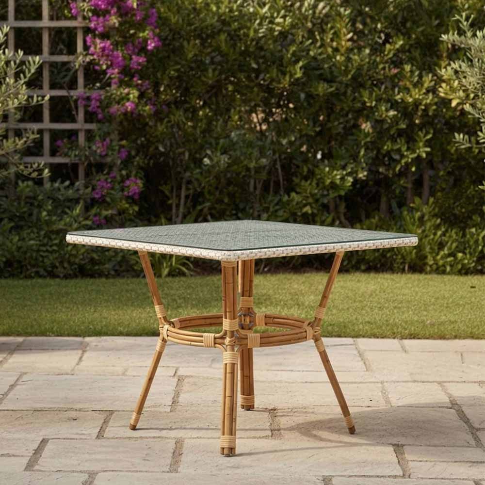Outdoor Bistro Table 48" x 36" PE Rattan Glass Top — White & Beige | Patio Dining, Image 1