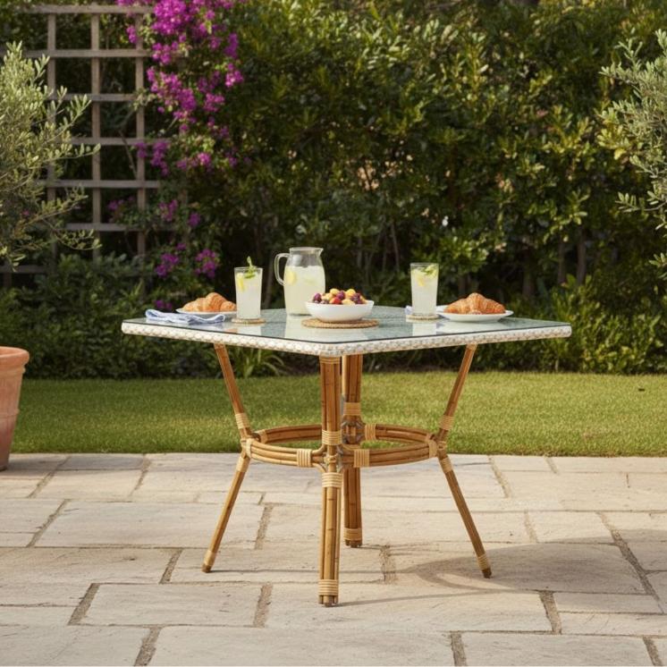 Outdoor Bistro Table 48" x 36" PE Rattan Glass Top — White & Beige | Patio Dining
