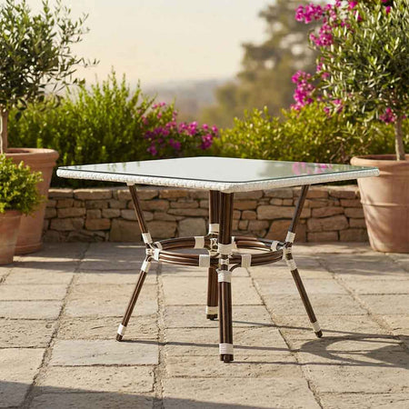White PE Rattan Outdoor Bistro Table 48x36 Glass Top – Ideal for Patio & Outdoor Dining, Image 1