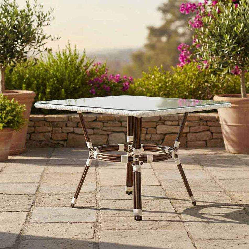 White PE Rattan Outdoor Bistro Table 48x36 Glass Top – Ideal for Patio & Outdoor Dining