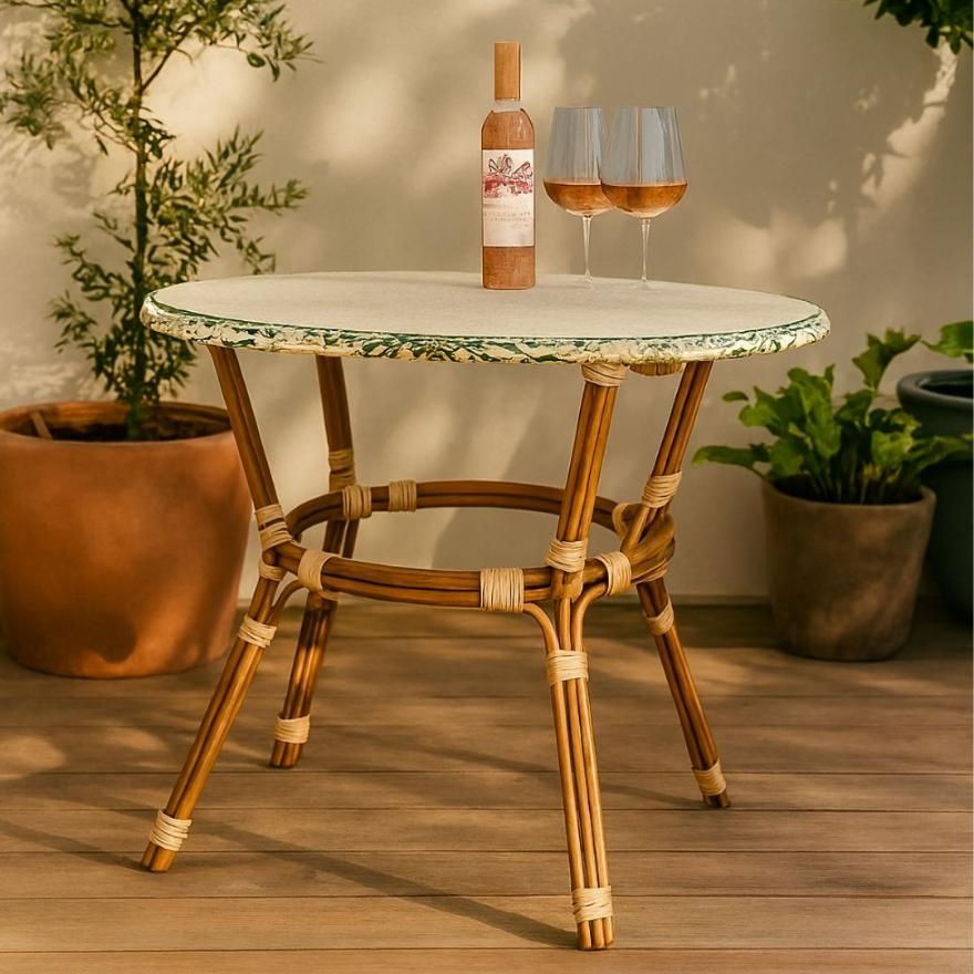 40" Round PE Rattan Bistro Table – Beige & Green Glass Top, Seats 4 | Outdoor Patio