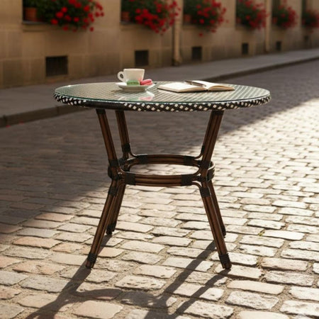 40" Round Glass Top Black and White Rattan French Bistro Table, Image 1